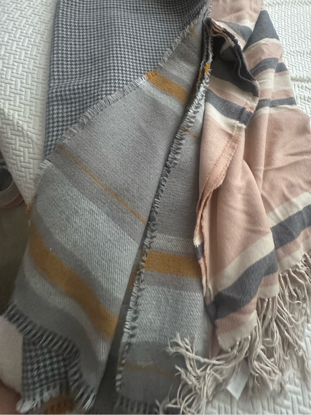 Soft Cozy Fringe scarf in Blush, Gray & Mustard
